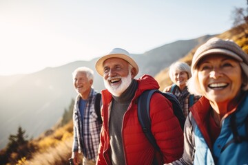 Seniors' club on a mountain adventure. Embrace the serenity of nature, fitness, and community. Explore the beauty of aging gracefully in the outdoors