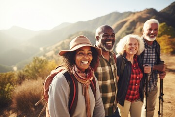 Seniors' club on a mountain adventure. Embrace the serenity of nature, fitness, and community. Explore the beauty of aging gracefully in the outdoors - obrazy, fototapety, plakaty