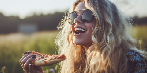 Blonde woman enjoying pizza, evoking freedom and serenity. Image paints the Hippie lifestyle through desaturated colors and generous space.
