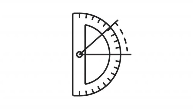 2D black thin line animation of protractor, HD video with transparent background, seamless loop 4K video representing measurement instrument.