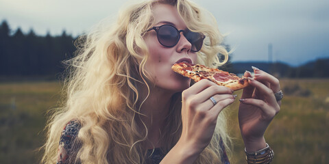 Captivating image of a cool blonde woman enjoying pizza, featuring a de-contrasted, cold color filter for an air of simplicity and freedom. Perfect for the relaxed, hippie lifestyle.