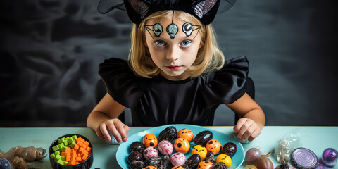 Mysterious young girl in black cat costume, delicately arranging spooky eyeball candies on a platter in softly de-contrasted, cold Halloween setting.