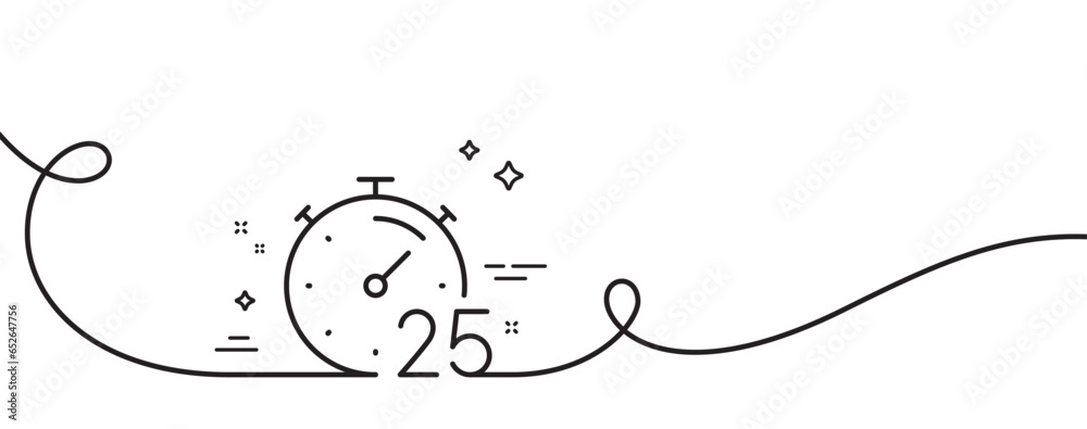 Poster timer 25 minutes line icon. continuous one line with curl. stopwatch time sign. countdown clock symb