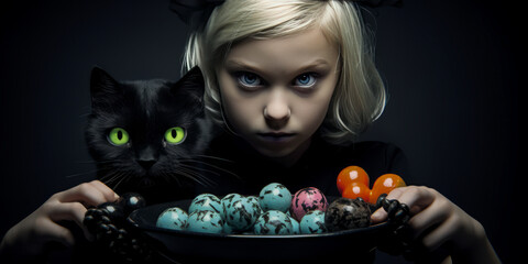 Enthralling young girl in black cat costume arranging spooky eyeball candies on a platter, a chilling Halloween celebration with cold color tones.