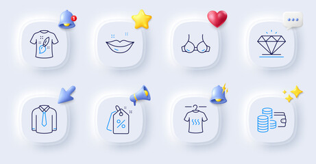 Bra, T-shirt design and Wallet line icons. Buttons with 3d bell, chat speech, cursor. Pack of Dry t-shirt, Lips, Discount tags icon. Shirt, Diamond pictogram. For web app, printing. Vector