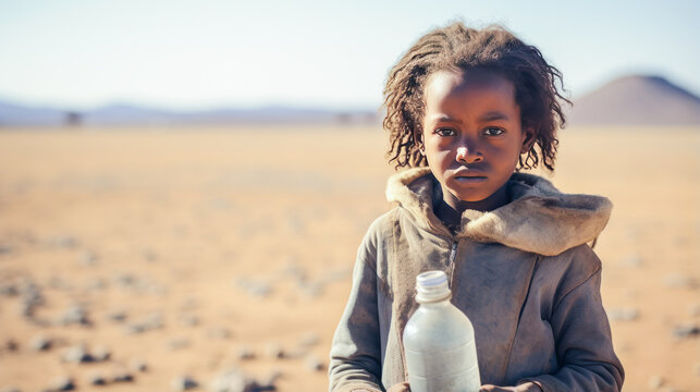 Dramatic scene of thirsty African child, clutching empty water bottle in arid desert, portraying plight of scarcity and poverty - riveting symbol of global issues.