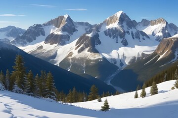 **Describe a serene mountain panorama with snow-capped peaks, lush green valleys, and a clear blue sky.
