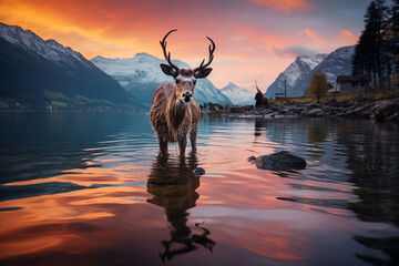 Peaceful Reflection: Wildlife in Nature at Sunset. Enchanting forest sunset with deer by peaceful river and reflective lake.