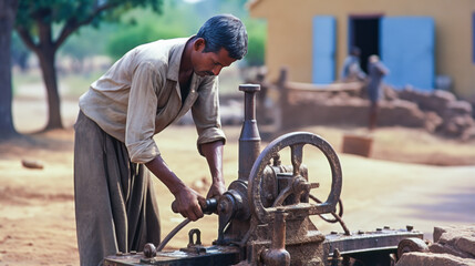 Stirring depiction of a man operating rusty water pump in a deserted village, underlining an intense struggle alongside freedom amidst nature's chill.