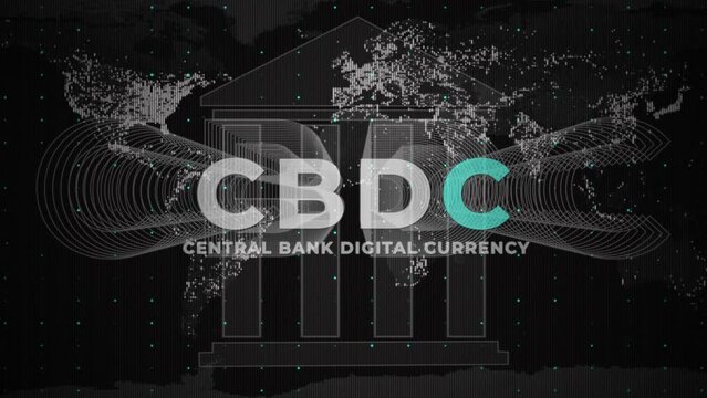 Central bank digital currency (CBDC) text on a world map background - CGI render