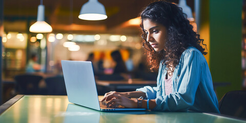 Innovative young Indian girl engrossed in coding on her laptop at a modern co-working environment. Embracing technology and freedom with a cold, de-contrasted vibe.