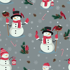 Christmas Seamless Vector Pattern. Snowman and red birds on a gray background.