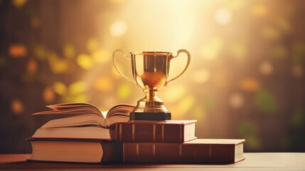 Stack of books with golden cup trophy and medal background.