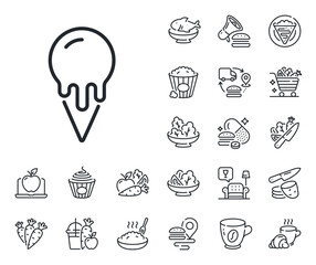 Vanilla sundae waffle cone sign. Crepe, sweet popcorn and salad outline icons. Ice cream cone line icon. Frozen summer dessert symbol. Ice cream line sign. Pasta spaghetti, fresh juice icon. Vector