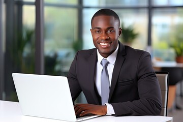 Fototapeta na wymiar Successful African American Businessman in Workspace Office: Cheerful Executive At Work