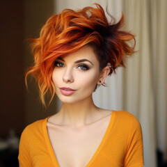great woman autumn coloful hairstyling short to medium hair with leaves