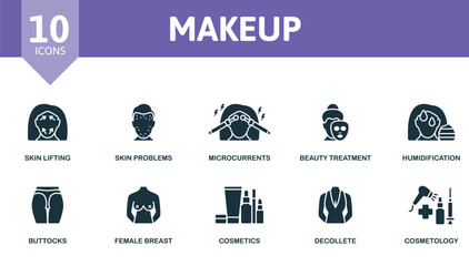 Makeup set. Creative icons: skin lifting, skin problems, microcurrents, beauty treatment, humidification, buttocks, female breast, cosmetics, decollete, cosmetology.