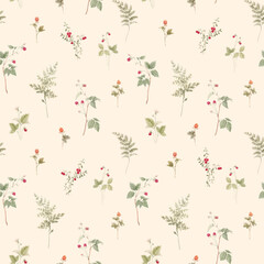 Beautiful seamless pattern with hand drawn watercolor forest plants with leaves and berries. Stock illustration. Popular design.