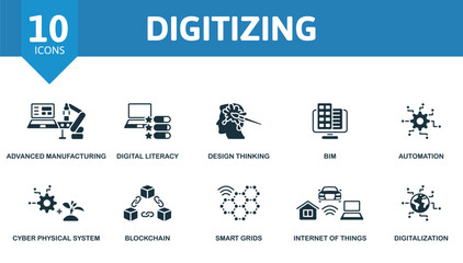 Digitizing set. Creative icons: advanced manufacturing, digital literacy, design thinking, bim, automation, cyber physical system, blockchain, smart grids, internet of things, digitalization.