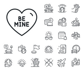 Sweet heart sign. Plane jet, travel map and baggage claim outline icons. Be mine line icon. Valentine day love symbol. Be mine line sign. Car rental, taxi transport icon. Place location. Vector