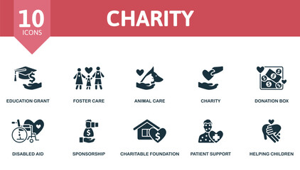 Charity set. Creative icons: education grant, foster care, animal care, charity, donation box, disabled aid, sponsorship, charitable foundation, patient support, helping children.