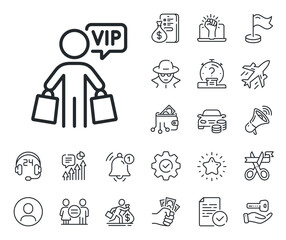 Very important person sign. Salaryman, gender equality and alert bell outline icons. Vip shopping bags line icon. Member club privilege symbol. Vip shopping line sign. Vector