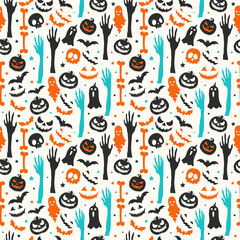 Halloween colorful seamless flat pattern with pumpkins flying bats scary face ghost and skulls