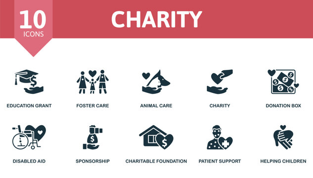 Charity set. Creative icons: education grant, foster care, animal care, charity, donation box, disabled aid, sponsorship, charitable foundation, patient support, helping children.