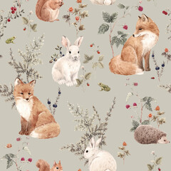 Beautiful seamless pattern with hand drawn watercolor forest fox hare hedgehog and squirrel animals and plants with berries. Stock illustration. Popular design.