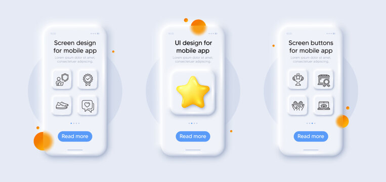 Fair trade, Best market and Victory line icons pack. 3d phone mockups with star. Glass smartphone screen. Shield, Shoes, Online delivery web icon. Certificate, Heart pictogram. Vector