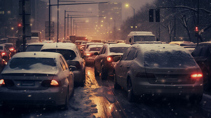 Traffic jams on the street during rush hour during snowfall in winter.