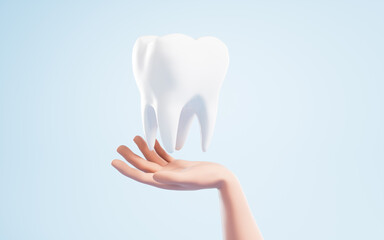 A tooth in a hand, 3d rendering.