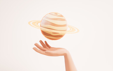 A planet in a hand, 3d rendering.