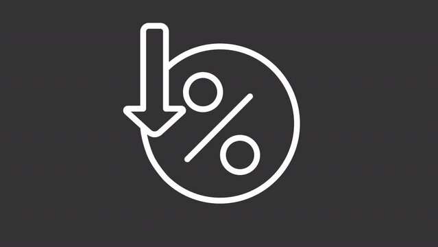 Percentage decrease white animation. Coin and arrow pointing down animated line icon. Market downturn. Interest rate. Isolated illustration on dark background. Transition alpha video. Motion graphic