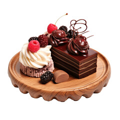Chocolate cake on wooden plate isolated on transparent background,Transparency 