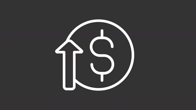 Income growth white line animation. Coin with dollar sign and arrow up animated icon. Positive financial trend. Isolated illustration on dark background. Transition alpha video. Motion graphic