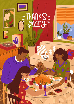 The concept of celebrating Thanksgiving with family. Scene with people sitting at a table holding hands. Homely hearth, cozy interior. Vector illustration in flat style.
