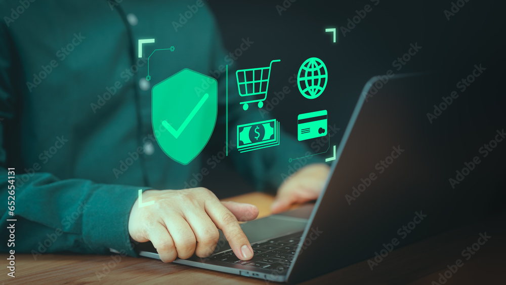 Leinwandbilder shopping on online application. customer use a computer laptop with sign of security protection syst