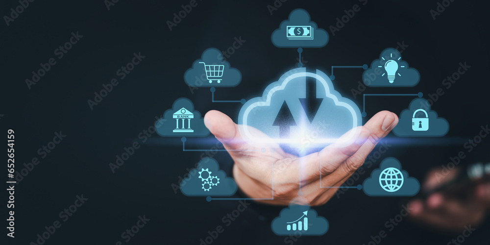 Poster Businessman hand showing cloud computing diagram. Business concept of big data analytics and business intelligence, data storage, data transfer, networking and internet service. Cloud technology.