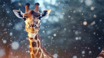 Giraffe in winter. Portrait of a majestic giraffe. Beautiful giraffe on a blurred background with copy space.