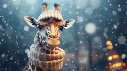 Giraffe in winter. Portrait of a majestic giraffe. Beautiful giraffe on a blurred background with...