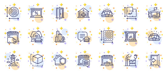 Outline set of Sports stadium, Lighthouse and Open door line icons for web app. Include Skyscraper buildings, Lounge place, Arena stadium pictogram icons. Square area, Delivery truck. Vector