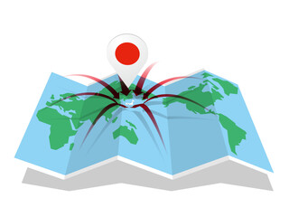 八方から日本にのびる矢印の世界地図とマーカー　ベクターイラストレーション