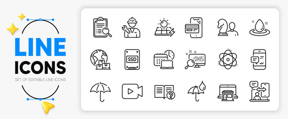 Waterproof umbrella, Repairman and Marketplace line icons set for app include Umbrella, Smartphone notification, Work time outline thin icon. Solar panels, Online shopping, Atom pictogram icon. Vector