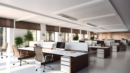 Fototapeta na wymiar Empty modern open space office interior with brick and glass walls