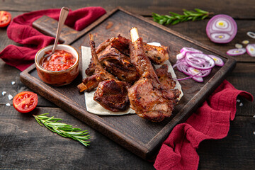 Kare calf. Menu for a restaurant. Beautiful composition on wooden boards.