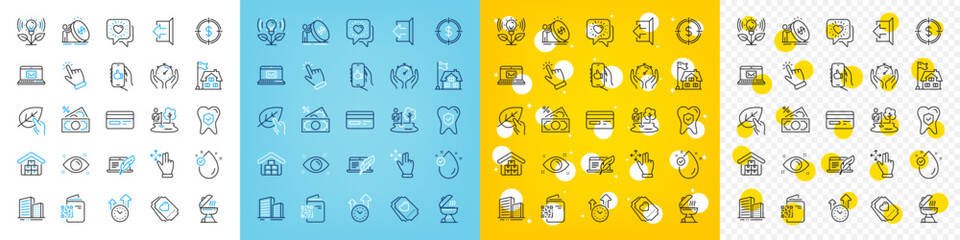 Vector icons set of E-mail, Organic tested and Sign out line icons pack for web with Building, Love ticket, Dental insurance outline icon. Money tax, Like app, Buildings pictogram. Vector