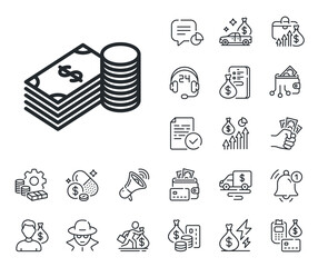 Banking currency sign. Cash money, loan and mortgage outline icons. Cash money line icon. Dollar or USD symbol. Savings line sign. Credit card, crypto wallet icon. Inflation, job salary. Vector