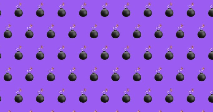 Animation of rows of black bombs moving on purple background