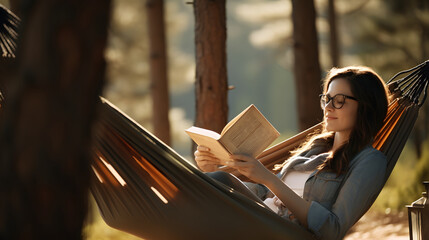 Relaxed young woman reading book while lying in hammock outdoor on sunny day - obrazy, fototapety, plakaty